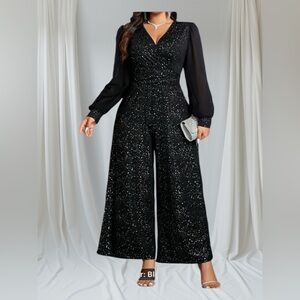 Plus Size Black Sparkly Disco V Neck Wide Leg Jumpsuit SZ 3X